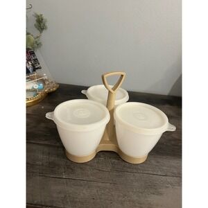 Vintage Tupperware Condiment Server Caddy 3 Containers with Lids Tan White 757-4